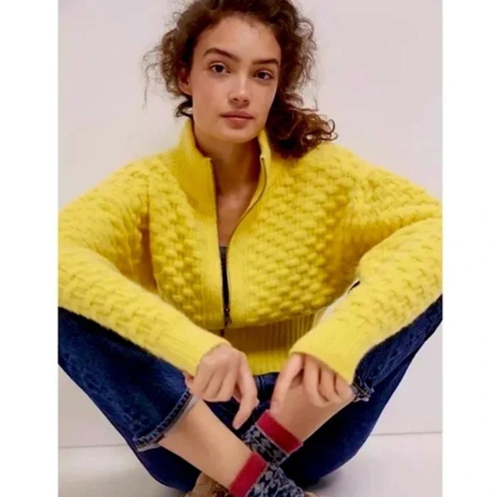 Anthropologie Buttercup Yellow Textured Knit Sweater Zip Cardigan XSP MSRP $158